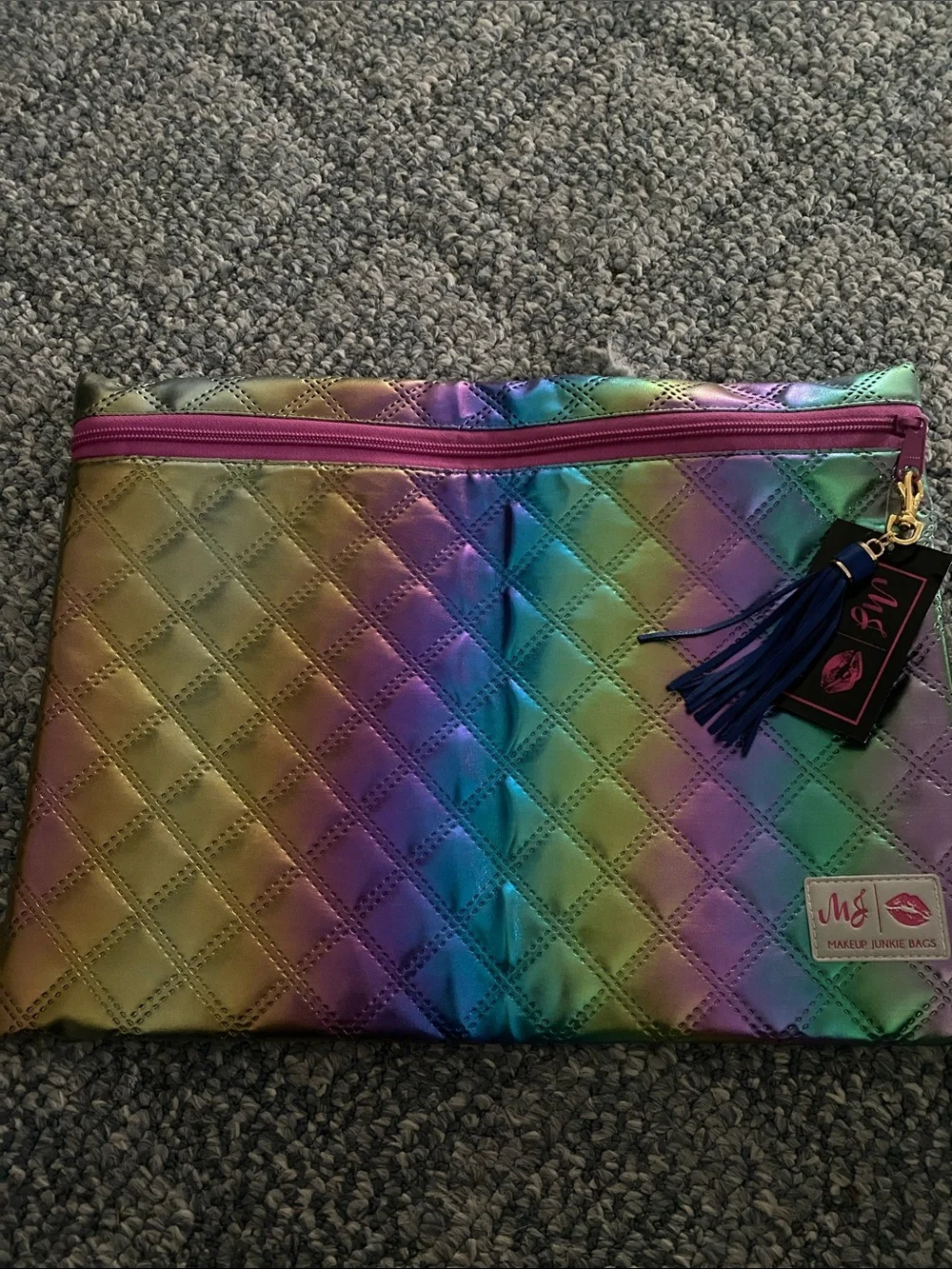 New with tags Makeup Junkie Jumbo Zip top Bag.  Quilted.  Multi Mermaid Luster.